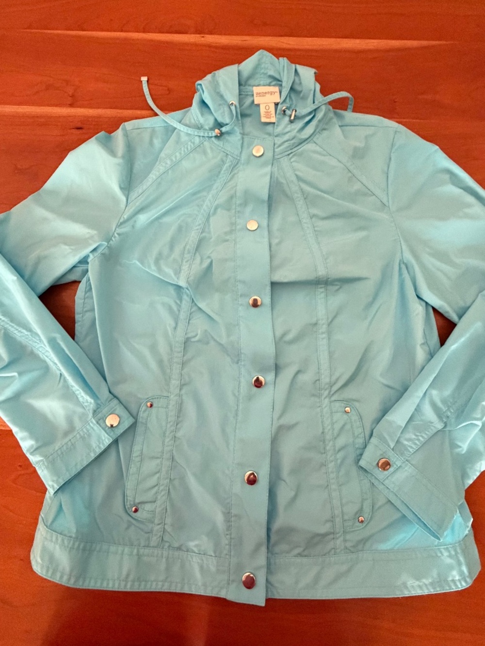 CHICOS SIZE 0 LT BLUE WINDBREAKER JACKET WITH HOOD